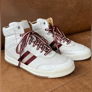 Bally Leather High Top Sneaker Off White with Burgundy Stripes